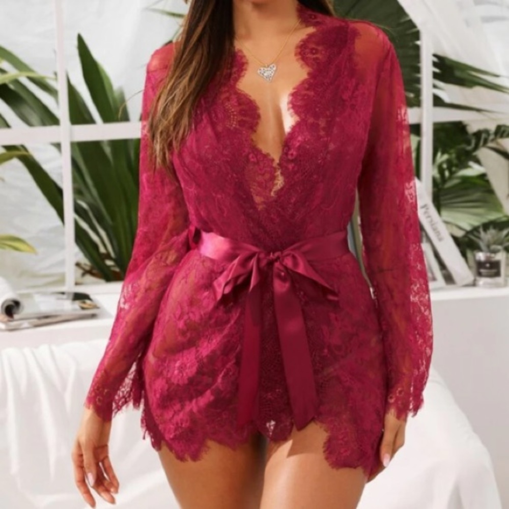 Embroidered mesh lace up bodysuit with robe - Picture 7 of 11